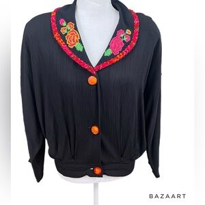 🔥🔥Carole Little Black Jacket Elastic Waist Long Sleeve W/ Floral Embroidery